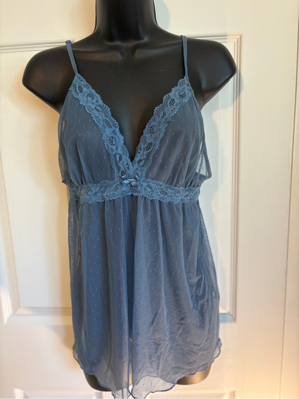 La Vie En Rose Sheer Lace-Trim Chemise in slate blue